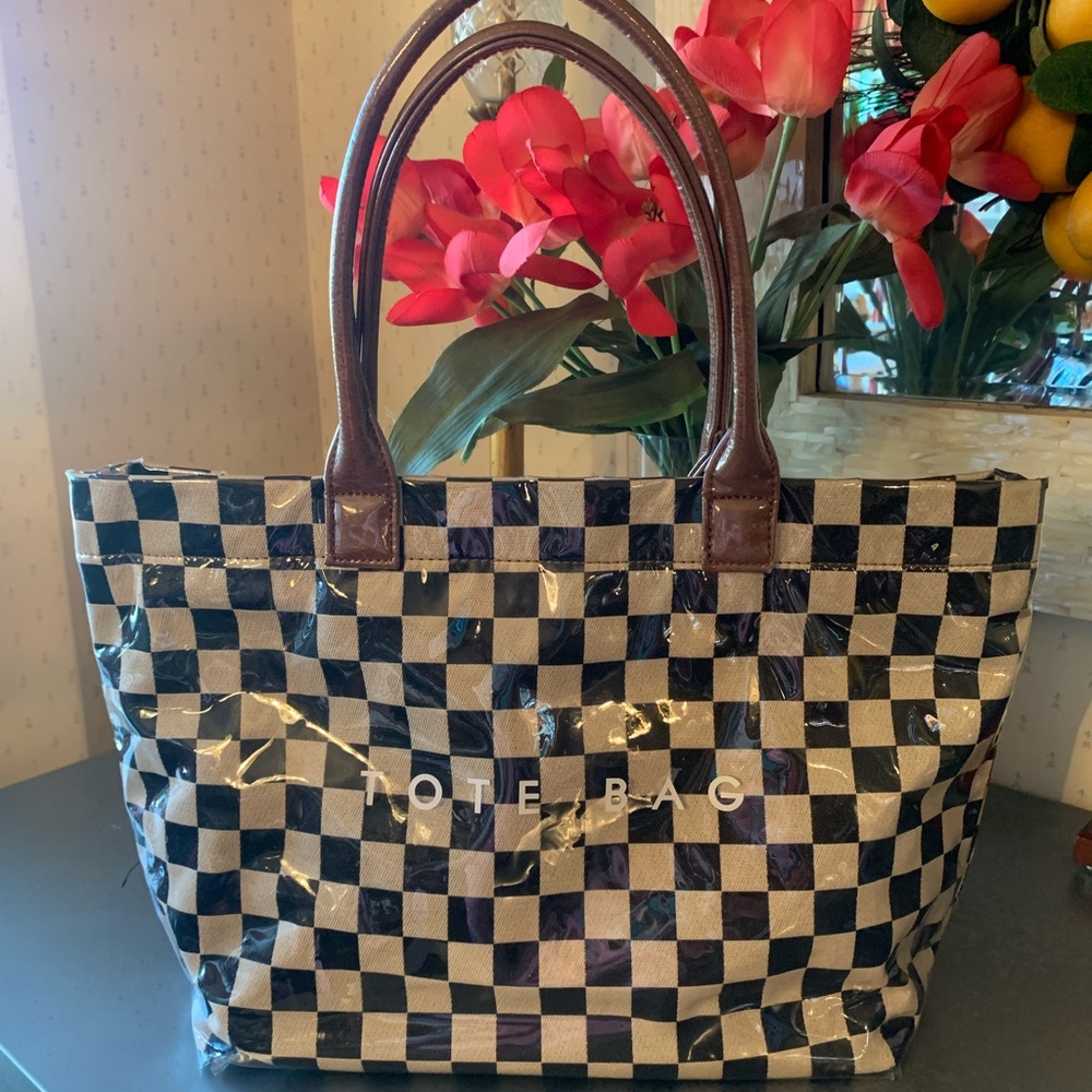 Checkerboard GLOSS tote bag, BLACK and TAN, waterproof PVC coating.